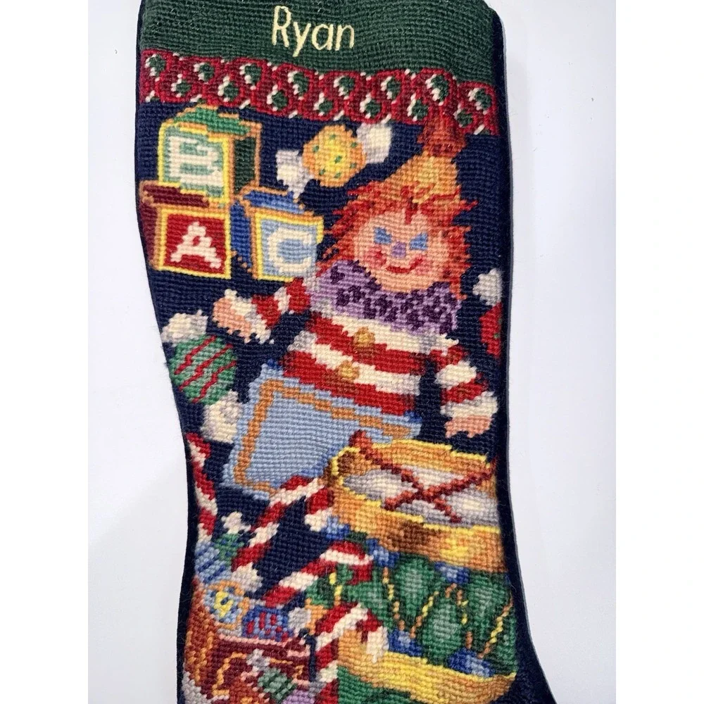 LANDS END Needlepoint Christmas Stocking Train Toys RYAN Velvet Backing Raggey A